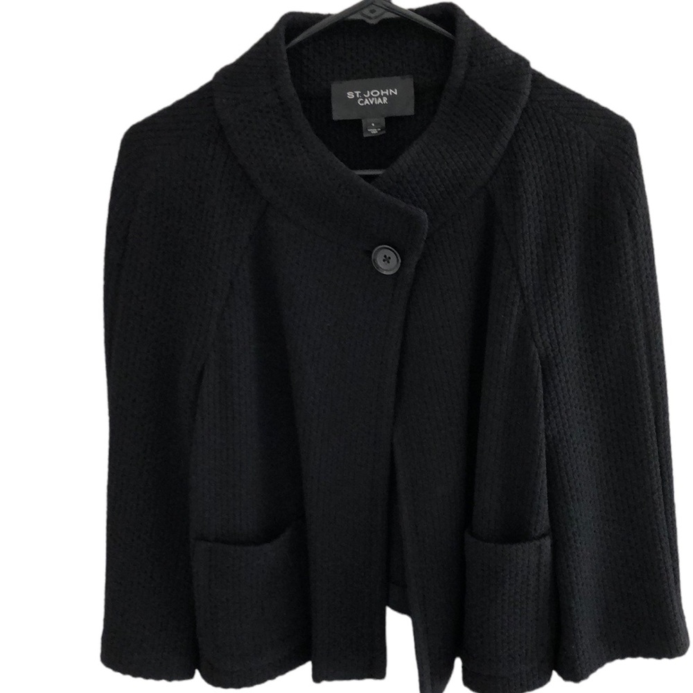 St John Caviar Black Knit Crop Jacket Swing Size 4